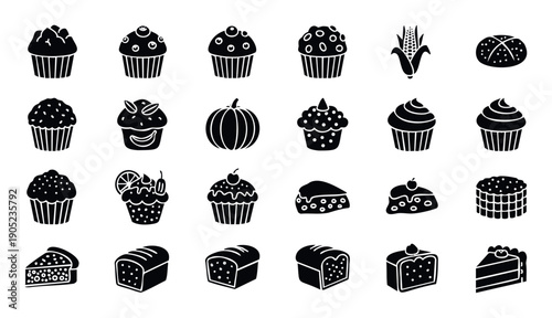 Collection of black glyph icons representing various baked goods and pastries like muffins, cakes, and bread perfect for bakery menus, food blogs, or confectionery branding