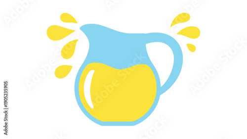 Refreshing yellow liquid splashing from a blue pitcher, simple cartoon