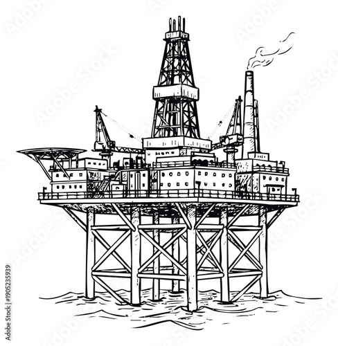 Explore the robust design of an offshore oil rig depicted in a compelling line drawing, ideal for energy industry publications, educational materials, and engineering project visuals.