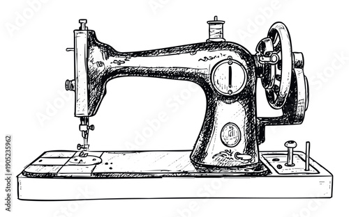 Classic vintage sewing machine illustration perfect for textile industry presentations, handmade craft blogs, and traditional tailoring workshop branding
