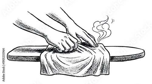 Close up of hands pressing a hot iron onto fabric on an ironing board, creating steam, useful for home care guides or laundry service promotions
