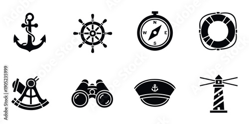 A versatile set of essential marine symbols including anchor, ship wheel, compass, lifebuoy, sextant, binoculars, captain hat, and lighthouse, perfect for nautical themed applications.