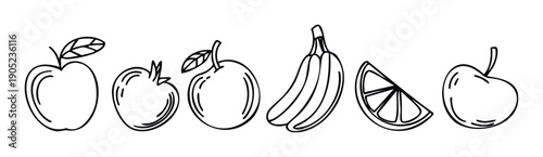 A diverse collection of hand drawn outline fruits featuring an apple, a stylized pome fruit, an orange, a bunch of bananas, a lemon slice, and another round fruit, perfect for educational