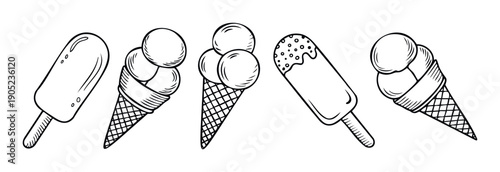 Delicious hand drawn ice cream and popsicle set perfect for summer menus, dessert shop branding, sweet treat advertisements, and refreshing snack promotions