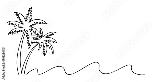 Simple outline drawing of two tropical palm trees with wavy lines representing a beach or ocean, perfect for holiday greetings and travel marketing materials.
