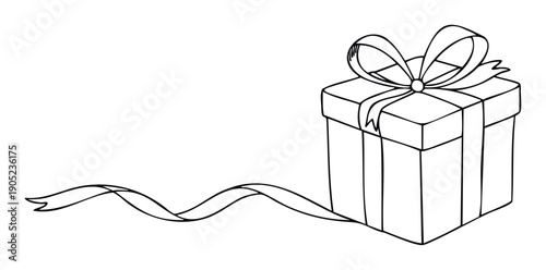 Hand drawn black outline gift box with a decorative ribbon and bow perfect for holiday greetings, birthday celebrations, or anniversary announcements, suitable for event invitations and