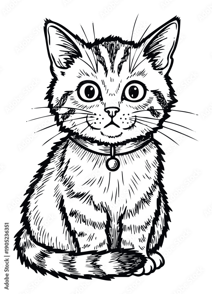 Obraz premium Adorable kitten with large curious eyes and a charming collar captured in a detailed monochrome line drawing, perfect for childrens books, petrelated merchandise, or playful marketing