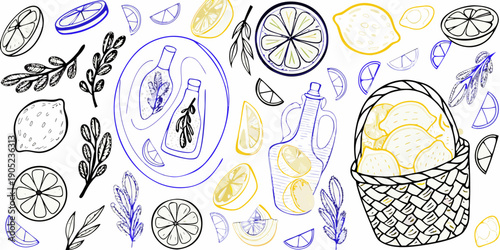 A colorful hand drawn illustration featuring lemons lavender and a wicker basket