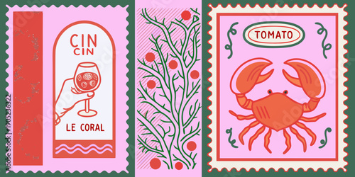 Vintage style stamps featuring wine tomatoes and a vibrant red crab illustration