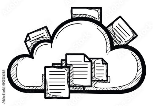 Hand drawn sketchy cloud computing symbol with multiple documents representing data storage and file sharing for technology business presentations or educational materials