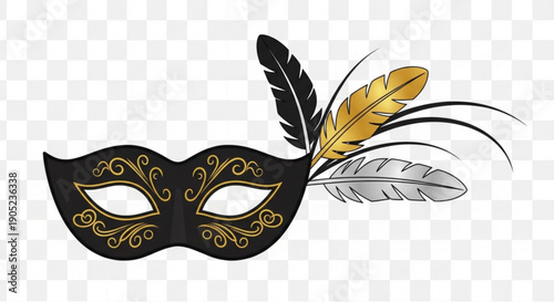 Black Venetian Carnival Mask with Golden Feathers Isolated on Transparent Background