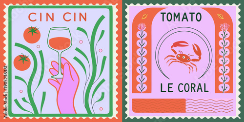 A vibrant split design featuring food drink and marine life illustrations