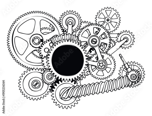Intricate mechanical gear system with various cogs and a worm drive suggesting complex interlocking mechanisms, suitable for engineering, industrial, or steampunk themed projects and