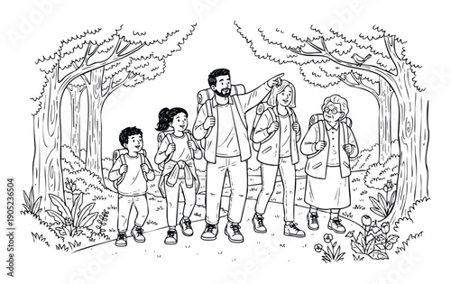 Multi generational family with children and grandmother enjoys a nature hike in a forest, perfect for travel advertisements or educational materials promoting outdoor activities.