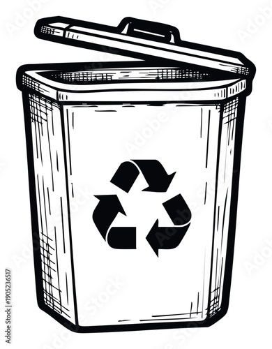 Recycle bin with its lid open featuring a universal recycling symbol on the front, suitable for environmental education and waste management initiatives