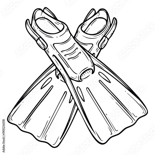 Sporting scuba diving flippers equipment for underwater adventure and summer vacation activities useful for apparel or print design projects