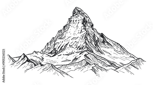 Monochromatic handdrawn mountain range sketch depicting a prominent jagged peak and rugged slopes, ideal for adventure tourism branding, outdoor sports promotions, or educational nature