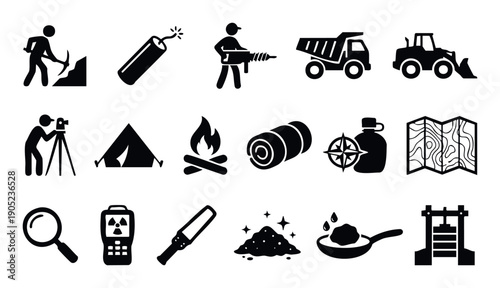 Set of icons representing mining industry activities, geological exploration, and outdoor camping and survival adventures, useful for educational content, corporate presentations, and