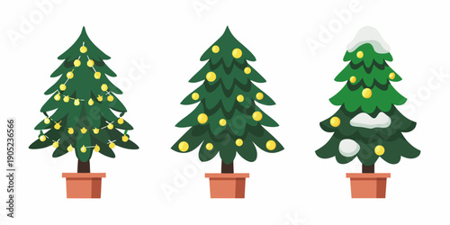 Three decorated christmas trees in terracotta pots festive holiday illustration