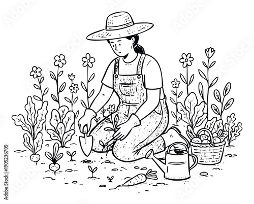 Gardener tending to a thriving garden planting small seedlings among growing vegetables and blooming flowers, suitable for educational materials or naturethemed publications.