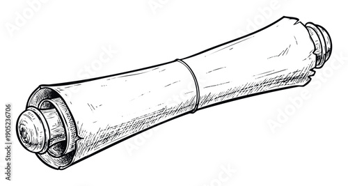 A vintage hand drawn black and white rolled scroll illustration depicting an old treasure map or historical document, perfect for educational resources, game assets, or fantasy story
