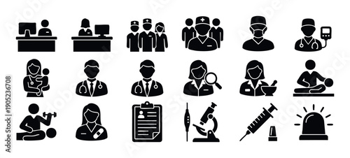Comprehensive set of medical and healthcare icons representing various professional roles, hospital services, and essential equipment for use in health industry applications.