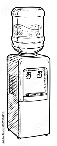 Water cooler dispenser with a large bottled water jug on top, presented in a graphic sketch style, perfect for illustrating office refreshment, hydration needs, or sustainable drinking