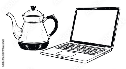 Classic coffee percolator and modern laptop computer in a distressed sketch style symbolize productivity, breaks, and home office environments for business and lifestyle graphics.
