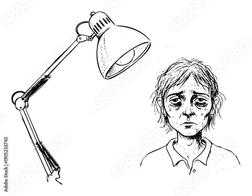 A stark depiction of a person looking exhausted and worn out next to a focused desk lamp, symbolizing overwork, study stress, or mental fatigue for health and wellness campaigns