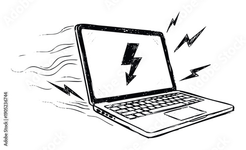 Speedy laptop with a lightning bolt on the screen represents fast computing power and high performance for technologyrelated presentations and digital concepts.