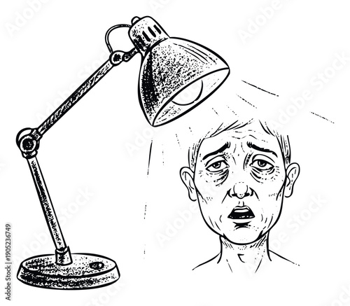 Desk lamp shining intense light on a worried and exhausted persons face, depicting stress, interrogation, or mental fatigue for legal, psychological, or business communication materials