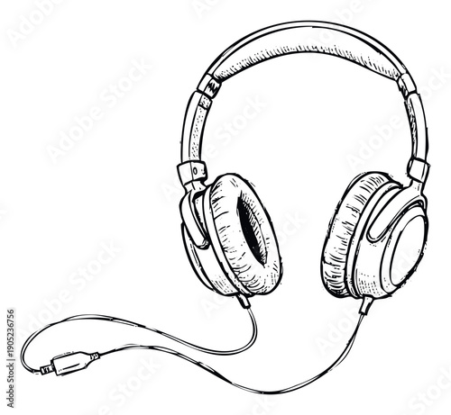 Hand drawn sketch of over ear headphones with a wired connection, perfect for music enthusiasts and audio themed graphic applications.