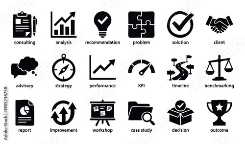 Comprehensive set of business consulting process icons illustrating strategy development, performance tracking, problemsolving, and outcome delivery for professional presentations and