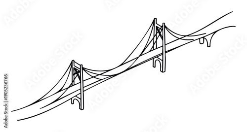 Minimalist black line drawing of a modern suspension bridge structure viewed from an isometric angle suitable for architectural blueprints or infrastructure engineering presentations