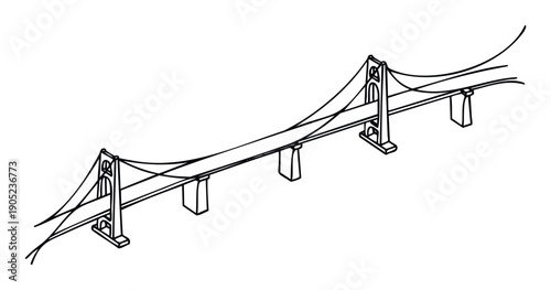 Simple black outline representation of a modern suspension bridge structure, useful for urban development presentations, educational materials, or conceptual architectural layouts.