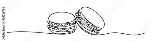Minimalist continuous line drawing of two delicious French macarons, perfect for bakery branding, sweet shop menus, food packaging, or confectionery themed social media graphics