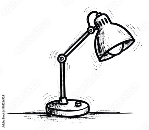 A detailed sketch of a versatile desk lamp featuring an adjustable arm and textured lines, perfect for enhancing educational content, office supply visuals, or graphic resources.