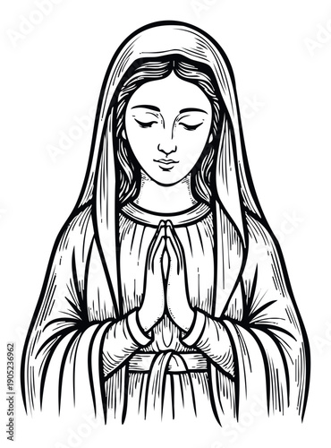A solemn depiction of a praying woman in a traditional robe with hands clasped in deep contemplation, perfect for religious studies, spiritual guidance, and faithful reflection graphics