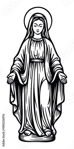 Iconic image of the Blessed Mother showing reverence and spiritual devotion, ideal for church bulletins, religious education materials, or remembrance.