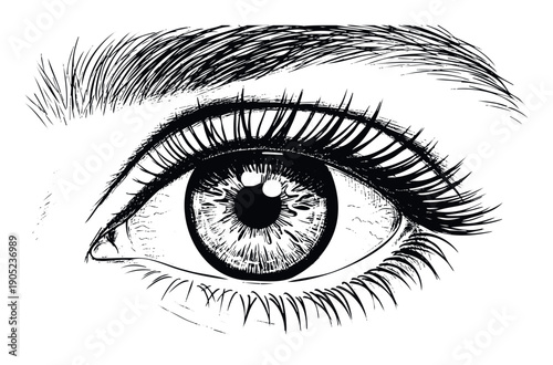 Close up sketch of a human eye with prominent eyelashes and eyebrow for publications posters visual projects and marketing materials