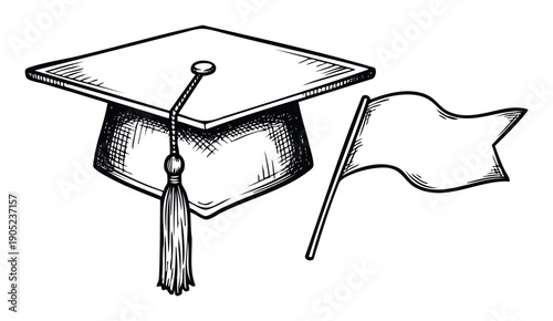 Graduation cap with tassel and blank flag in a handdrawn style symbolizes academic achievement and future success, ideal for educational publications or celebratory designs.
