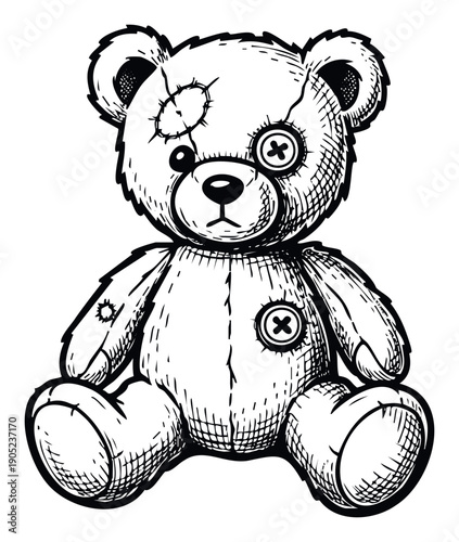 A distressed button eyed teddy bear with visible stitches and patches, hand drawn in a sketch style for childhood memories, spooky themes, or unique merchandise.