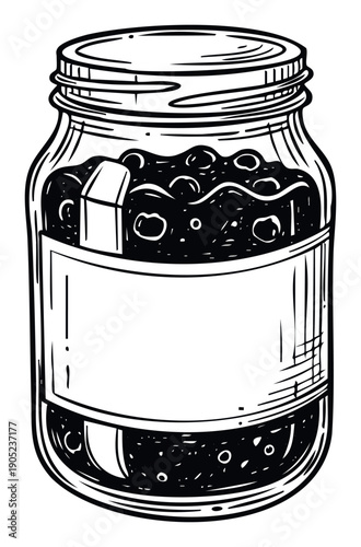 Black and white hand drawn glass jar filled with preserved berries and a blank label, perfect for kitchen decor, food product branding, or culinary blog accents