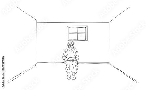 Minimalist line drawing of a serene elderly Asian woman seated quietly in an empty room with a window, ideal for themes of peace, introspection, or senior living materials.