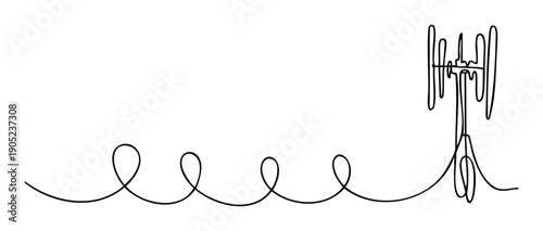 Continuous single line drawing depicting a cellular communication tower connected by an elegant winding path, perfect for modern technology presentations and digital connectivity graphics.