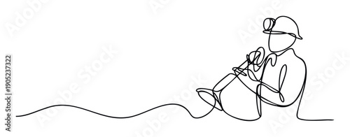 Continuous line drawing of a diligent worker wearing a hard hat and headlamp, holding a pickaxe and a bucket, representing themes of industry, exploration, and perseverance.