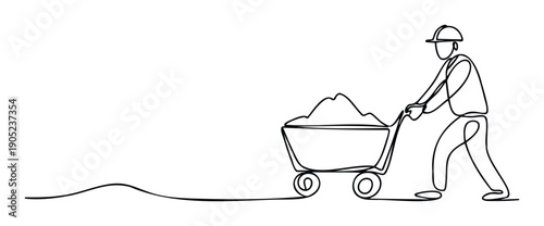 A single continuous line drawing of a worker pushing a wheelbarrow full of material, symbolizing hard work, construction, and progress, suitable for business, industrial, or laborrelated