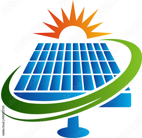 Sustainable renewable energy concept featuring blue photovoltaic solar panels and a wind turbine under a clear sky to generate clean green electricity from sunlight
