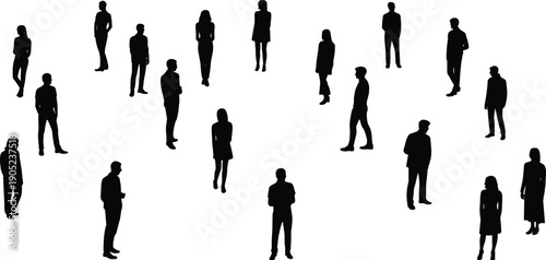 Silhouettes of diverse people standing in various poses, group vector illustration, social concept artwork, anonymity design, diversity representation, modern human figures graphic