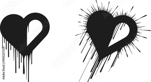 Black heart vector illustration, dripping paint effect, exploding burst design, emotional art symbol, creative graphic concept, stylized love icon, isolated silhouette artwork